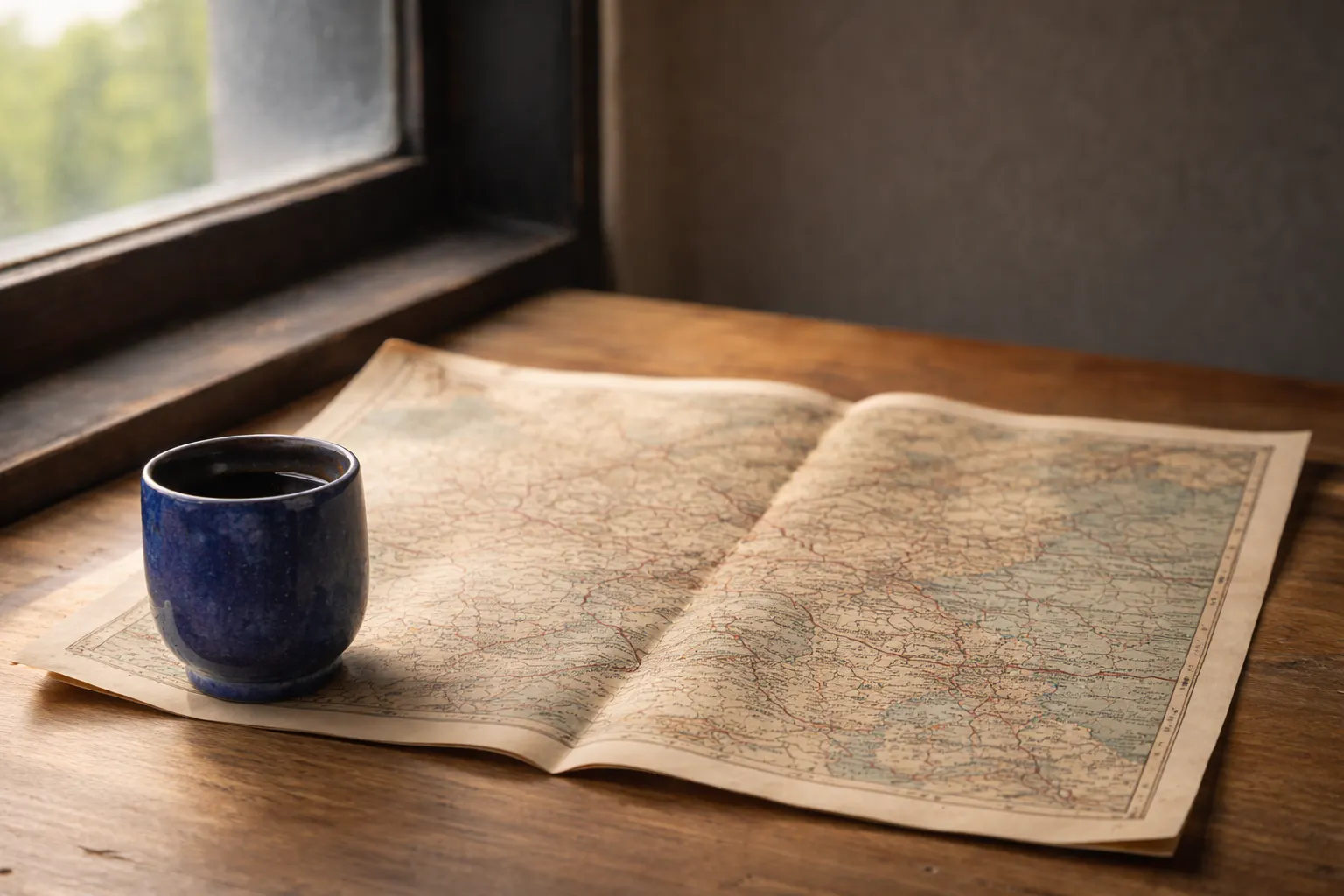 An aged folded paper map spread open