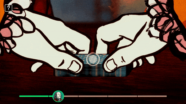 Gif of hands shuffling cards. Bottom of the screen shows cards shuffling and a few cards on top (visible to the player). There's a meter at the bottom that's green and has a face icon.