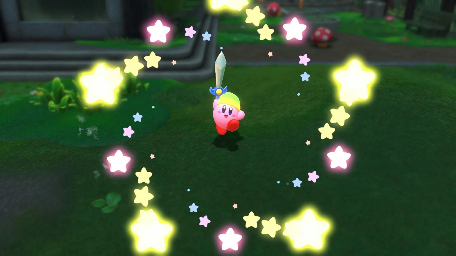 Kirby jumps and holds a sword up and stars encircle him.