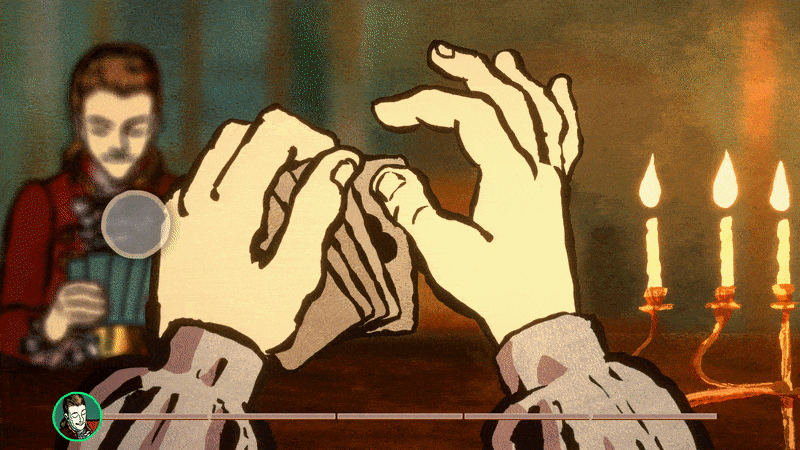 Gif of hands holding some cards. The right hand is moving its fingers up and down as if counting. The different number of fingers held up correspond with a different card suit.