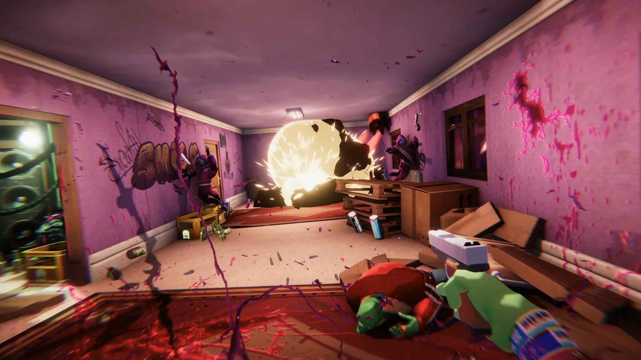 Anger foot screenshot of a blood splattered room. You have a gun in your right hand and are shooting into the back of the room, causing an explosion. 