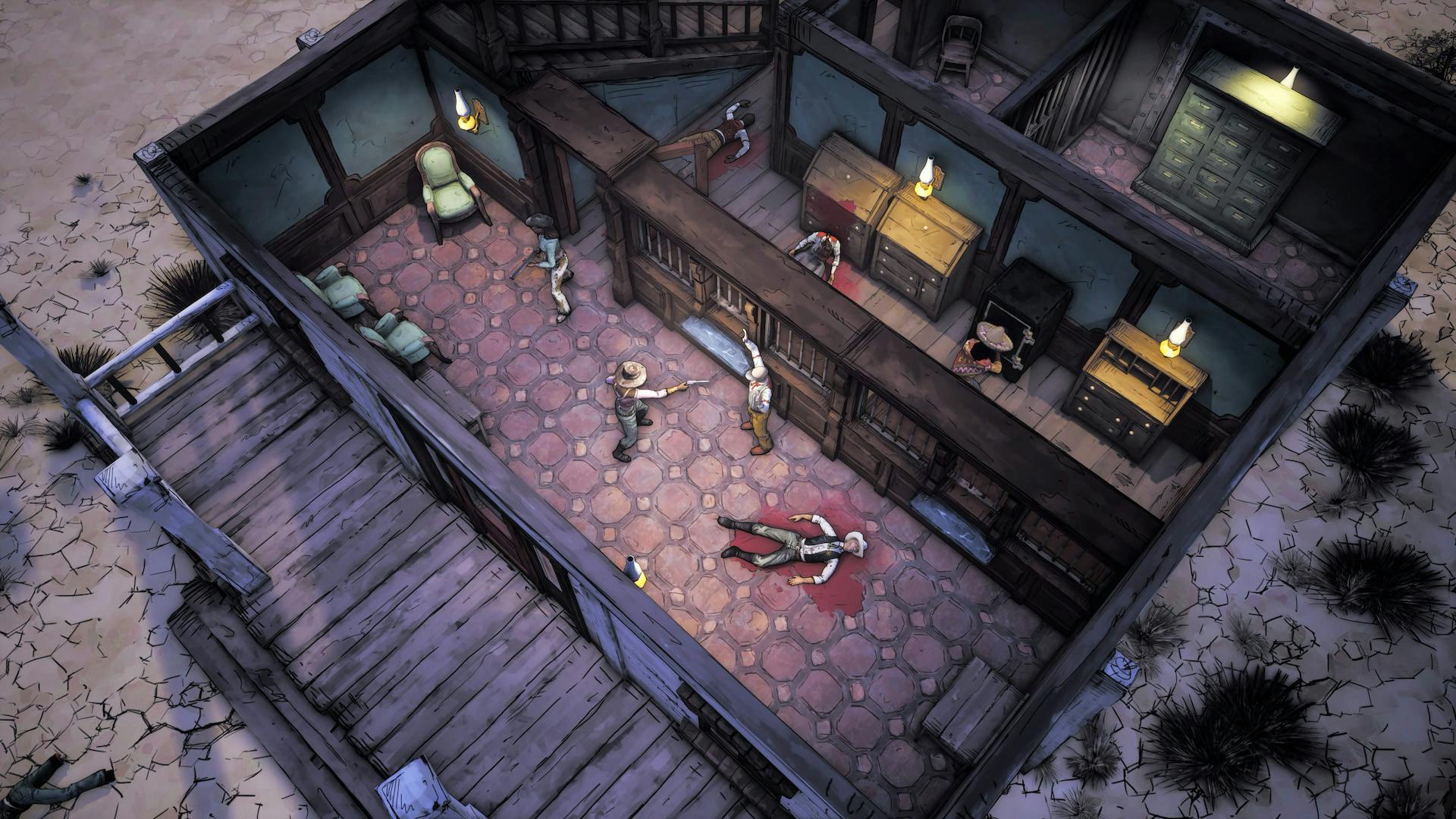 Top down shot of the interior of a house. One person has a gun pointed at another whose hands are raised. Meanwhile a body is on the floor in a pool of blood.