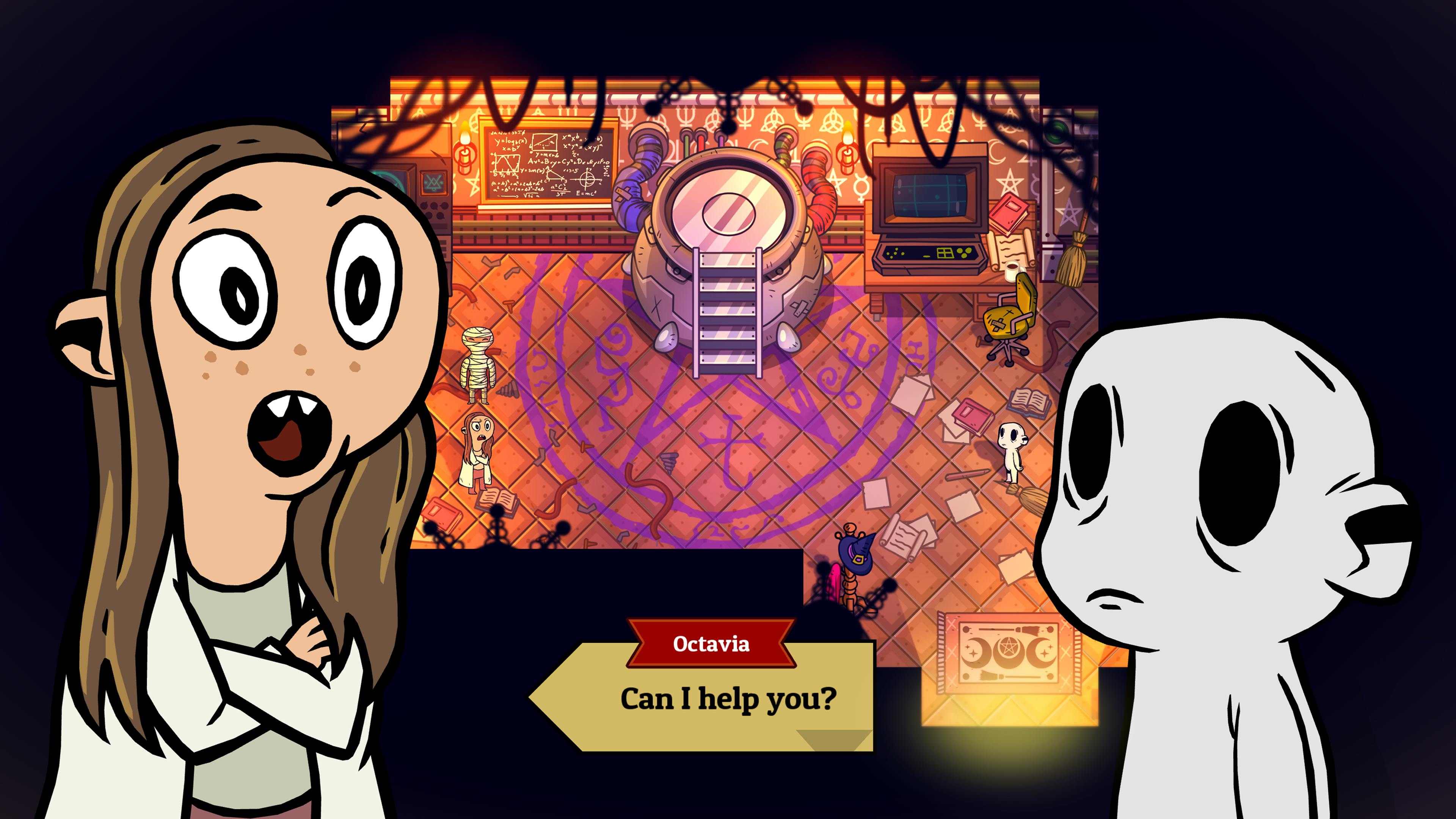 Dialogue screenshot. A woman in a lab coat is saying Can I help you to Nobody (a character who is completely white with hollow eye sockets). They are in the foreground The background is the level environment.
