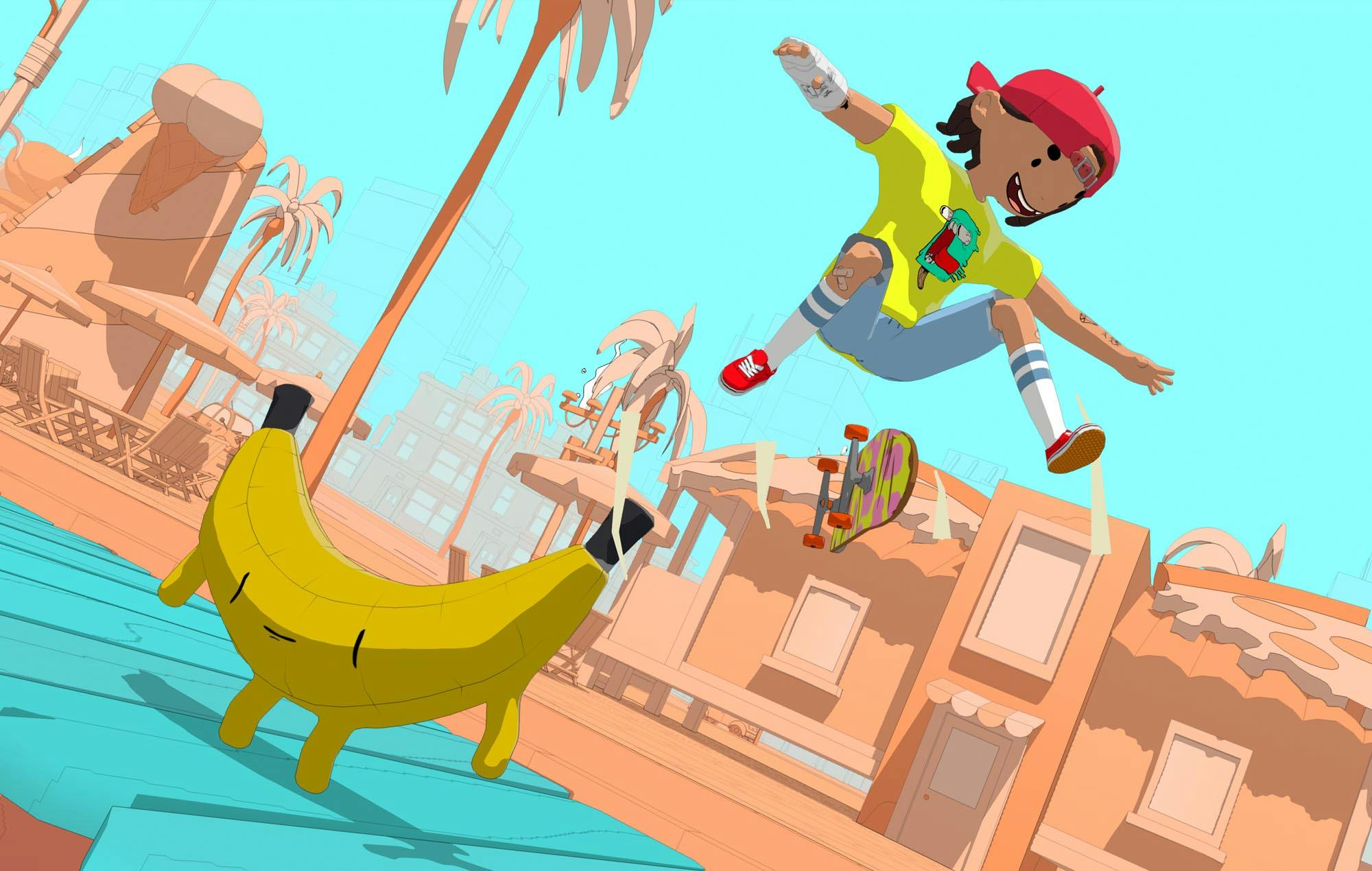 OlliOlli World key art. The player character does a kickflio over a large banana on a boardwalk.