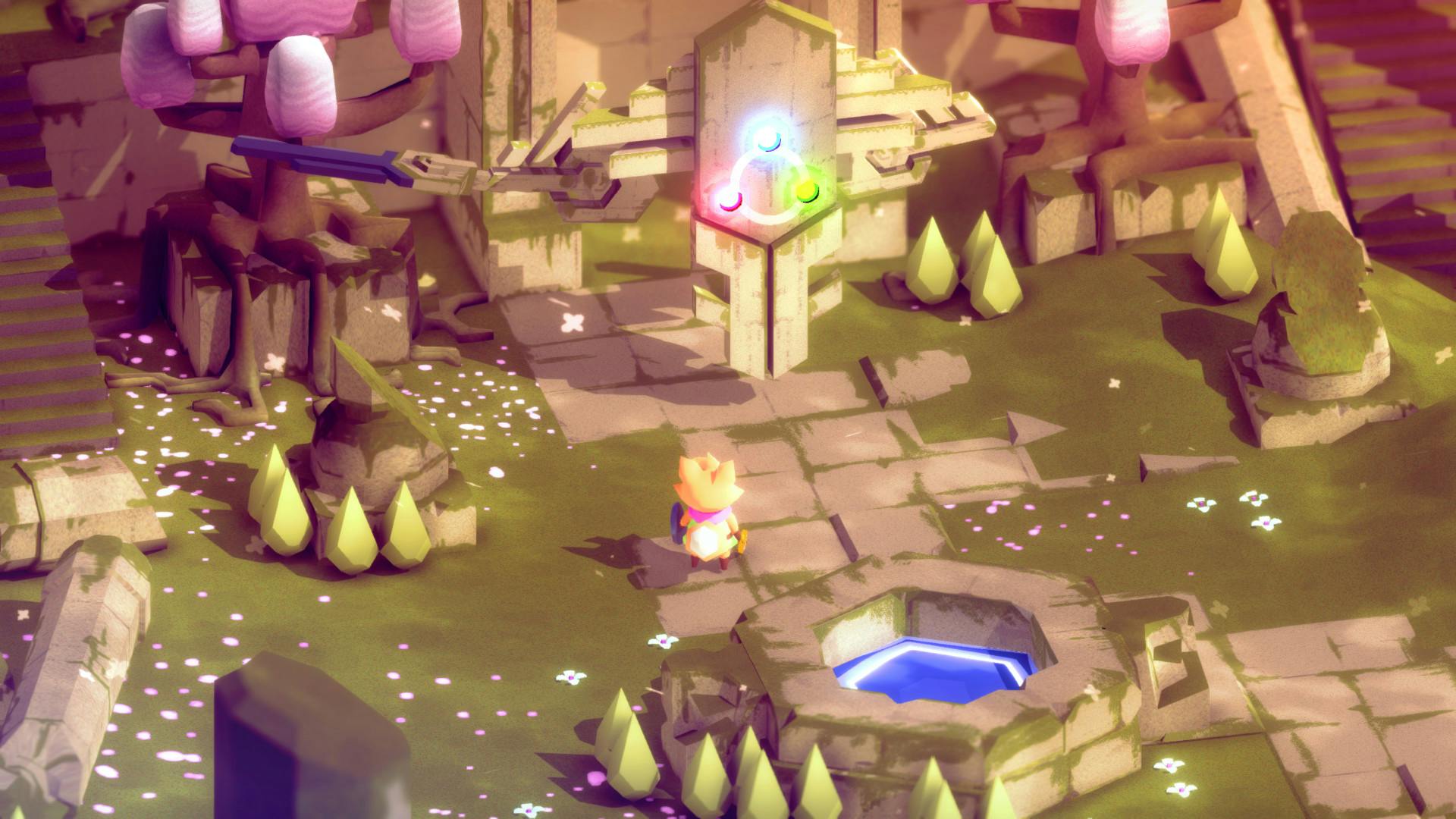 A screenshot from tunic. The fox stands before an ancient structure that's glowing. They are in a forest/castle like area. Behind them is a small fountain. To the sides are tree with pink circular shapes representing the leaves at the top. There is grass in this field in the shape of large droplets but with a bit of geometric sharpness to them. 
