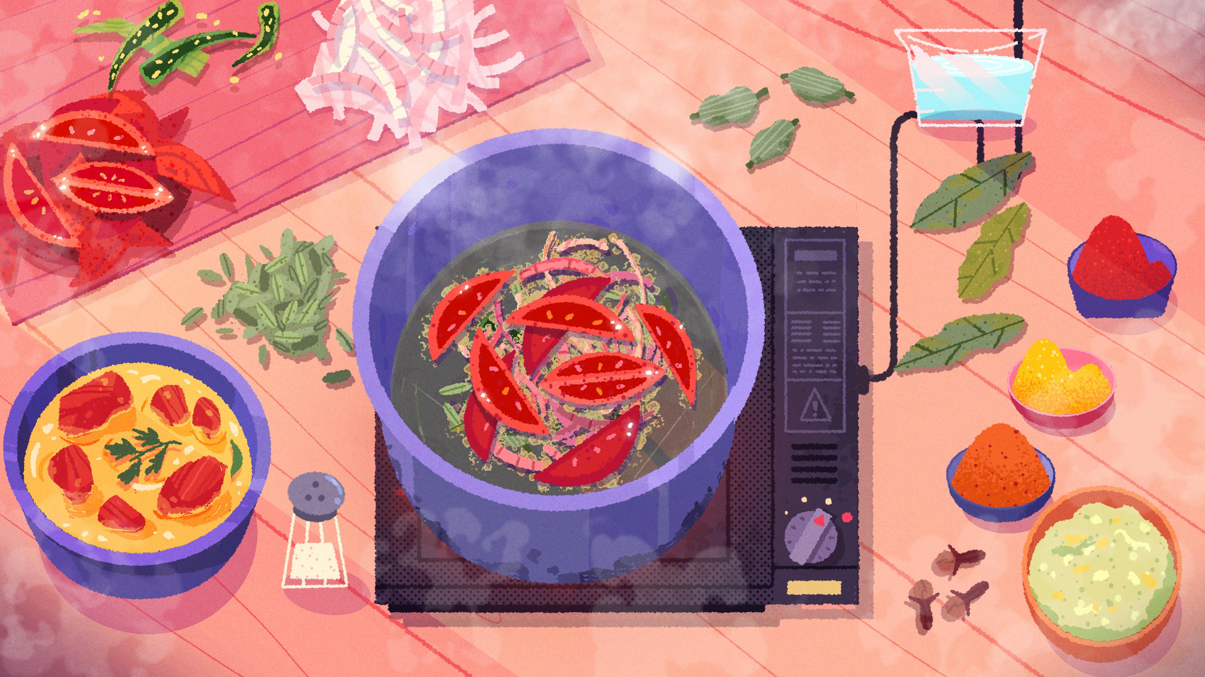 Cooking scene from bird's eye view. There's a pot of red peppers, water, and other ingredients on a hot plate. Surrounding is is other ingredients such as onion, peppers, pastes, herbs, and leaves.