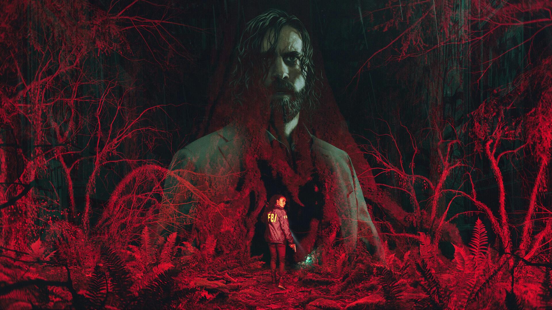 Alan Wake 2 key art featuring Saga walking into a red forest with Alan in the background as a giant floating torso.
