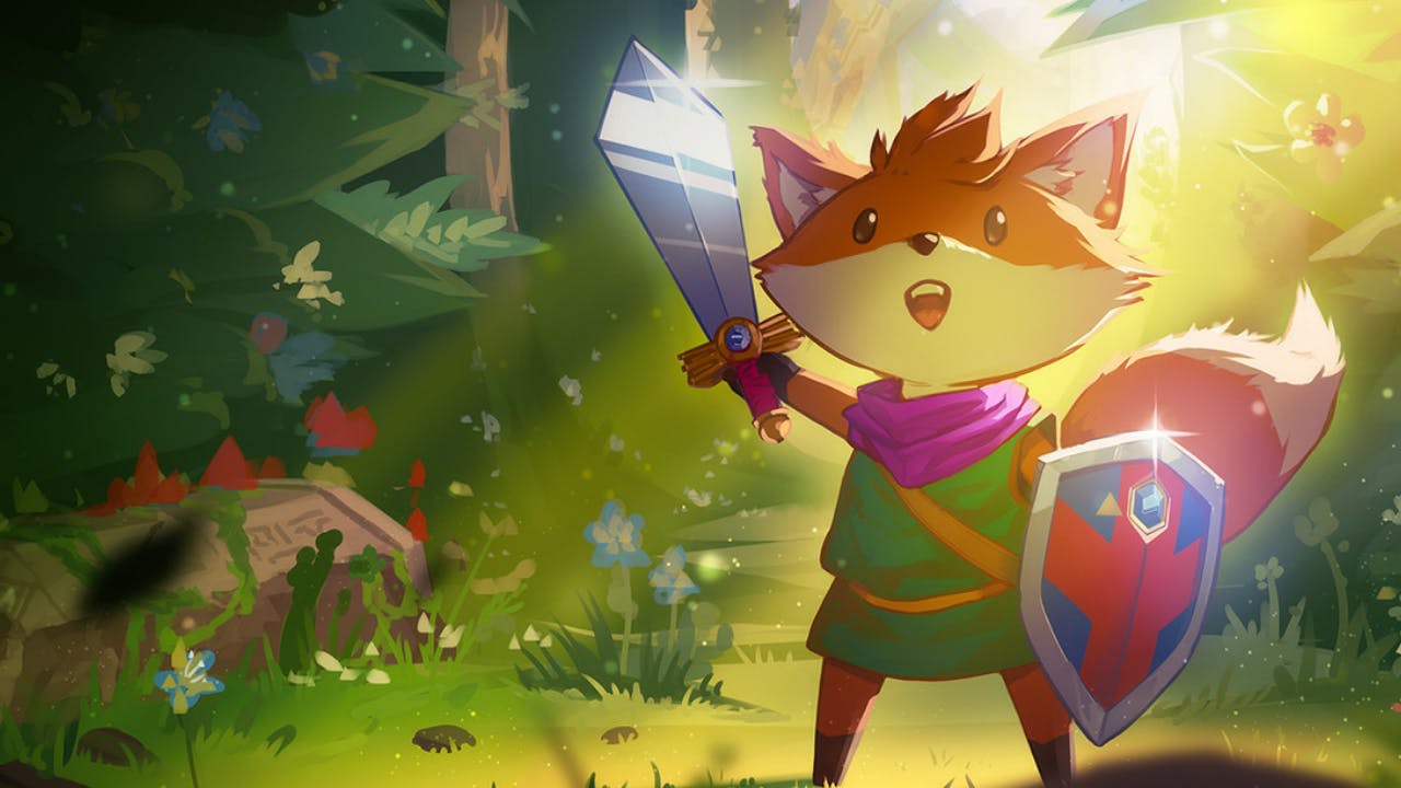 Stylized cover art of Tunic's fox holding up a sword and shield in a forest.