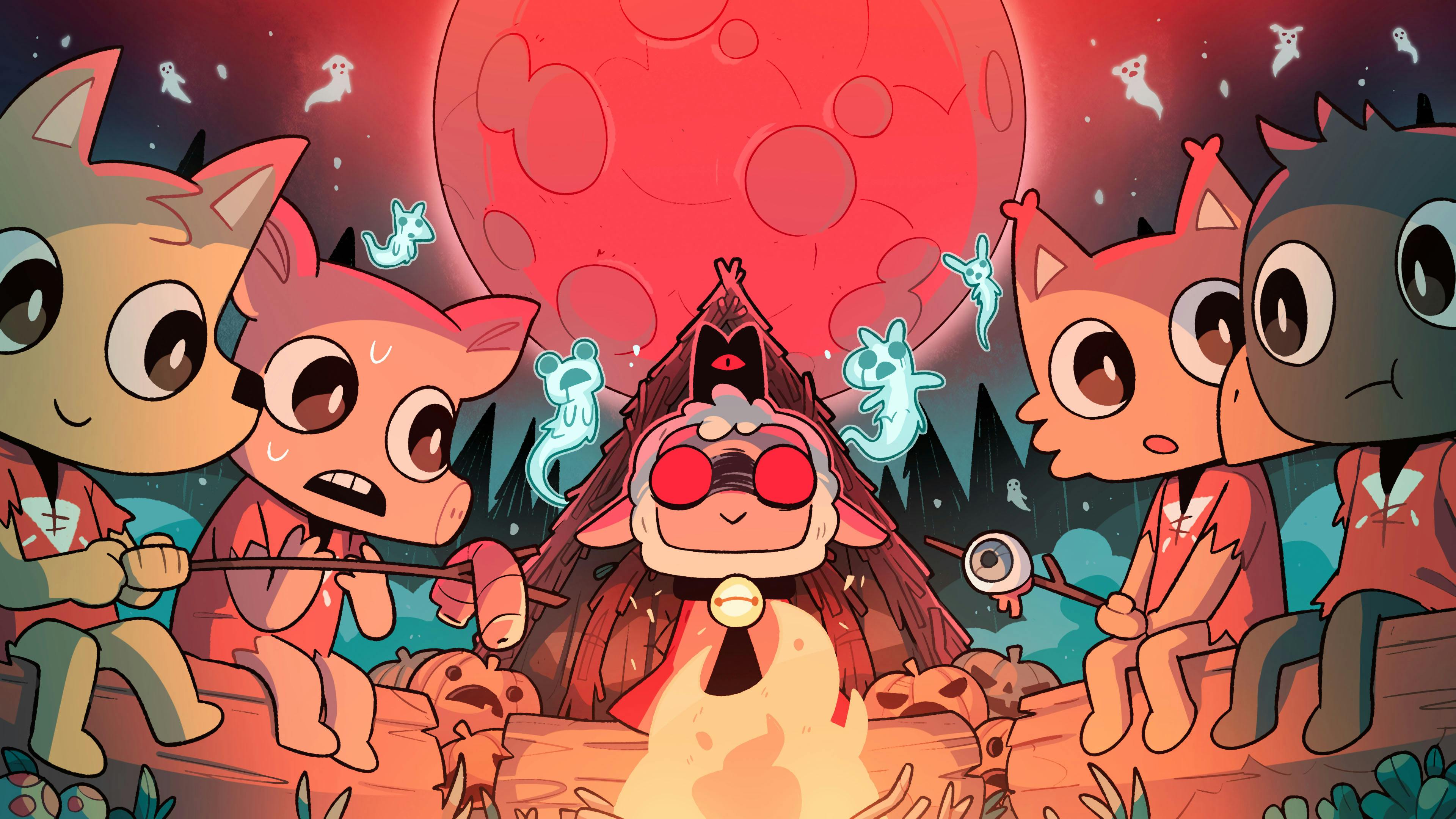 Cult of the Lamb art with cultists sitting around an open fire, roasting marshmallows. In the center is the cult leader sheep under a blood moon.