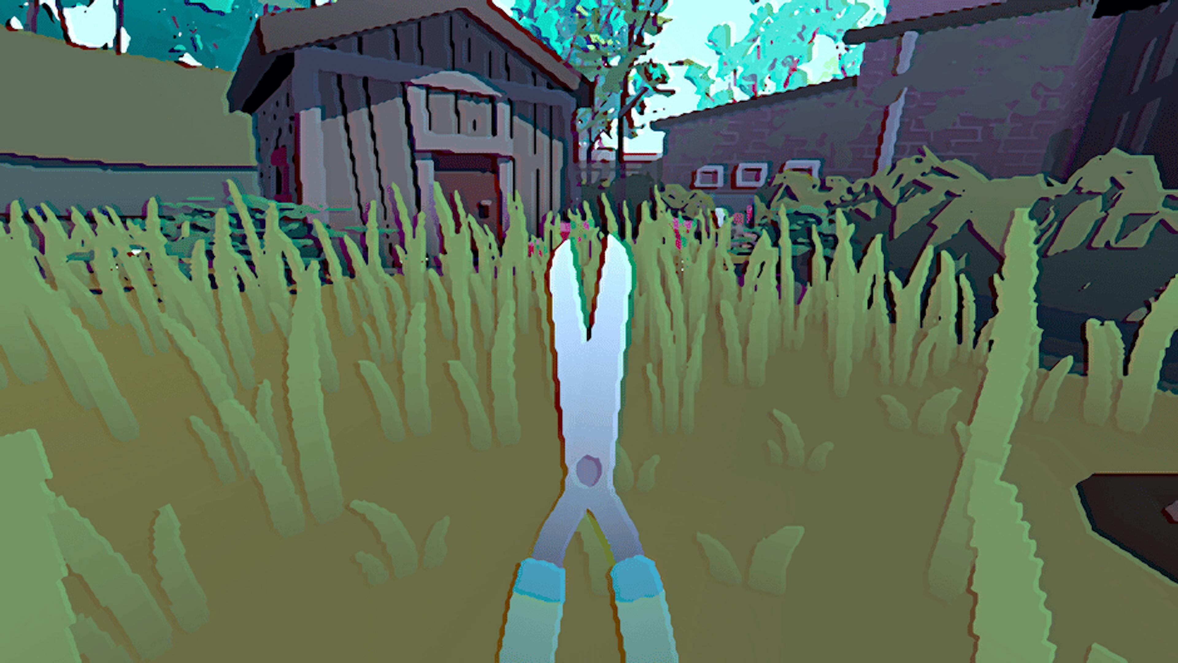 Grunn screenshot. First-person view of shears cutting grass.