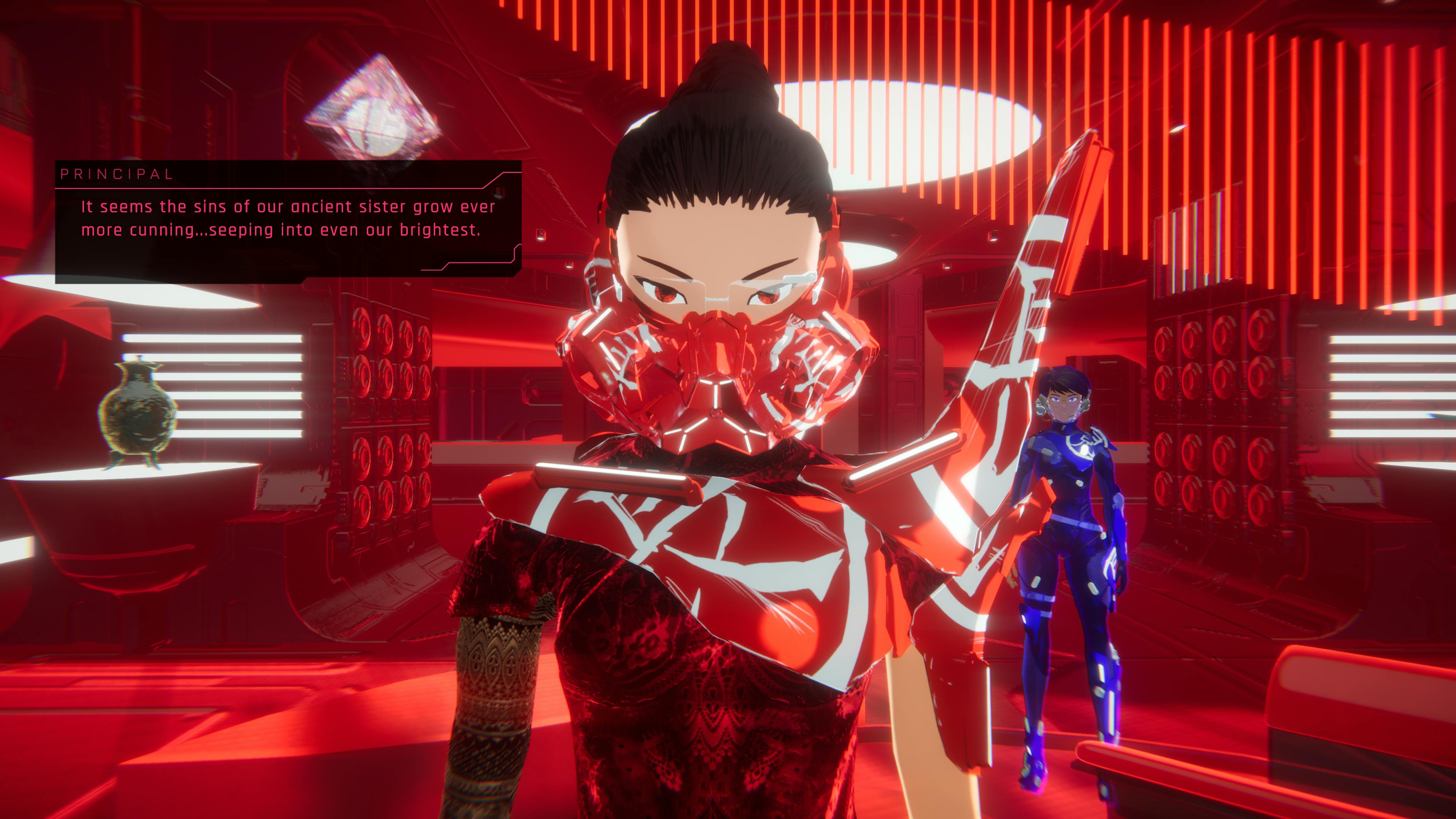 1000xResist screenshot of principle. She is wearing striking red outfit and most of the area is red except for Watcher (wearing blue) standing in the background. Principle has a text box that says "it seems the sins of our ancient sister grow evermore cunning... seeping into even our brightest."