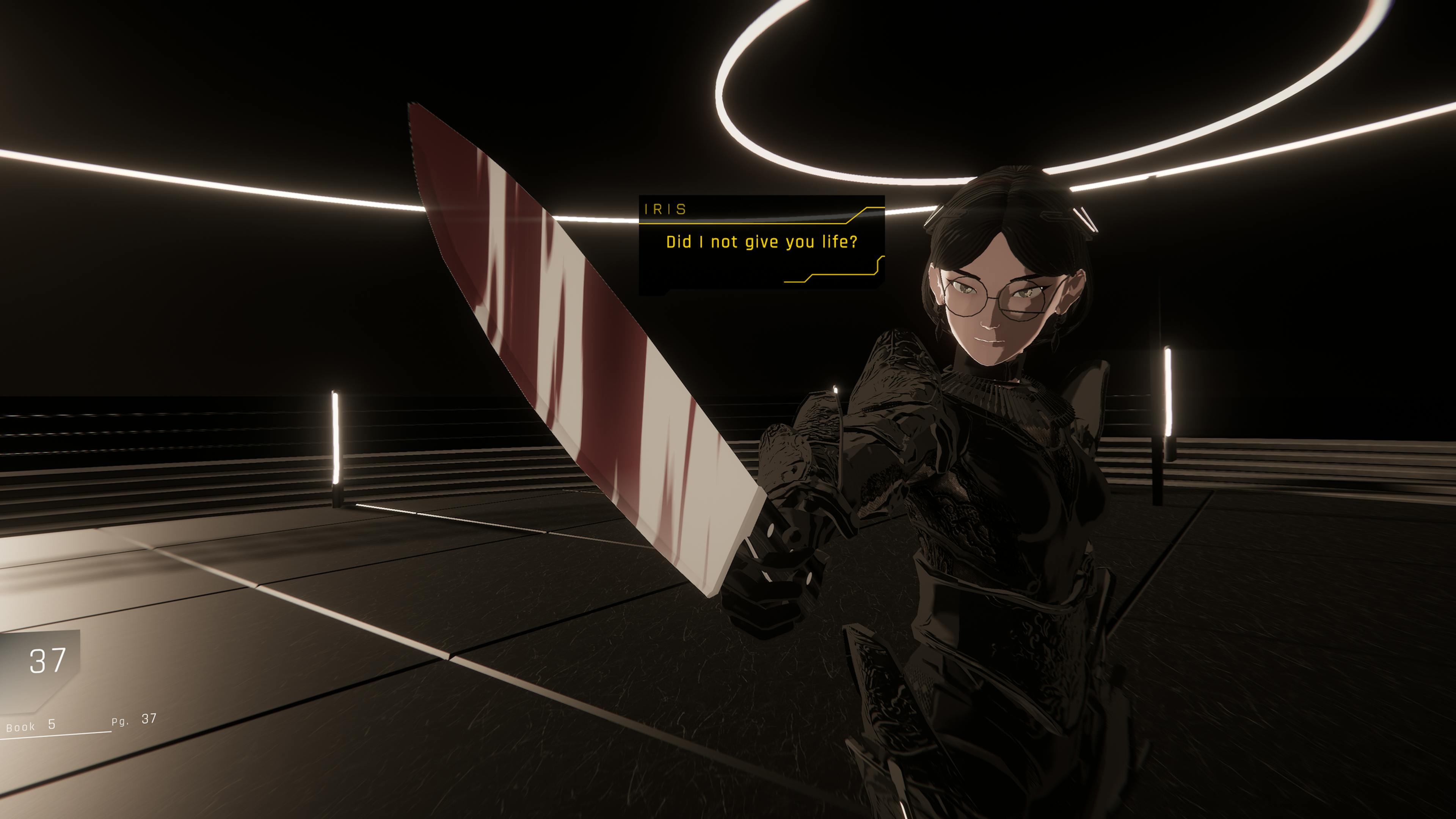 1000xResist screenshot. Iris holding a sword out saying "did I not give you life?"