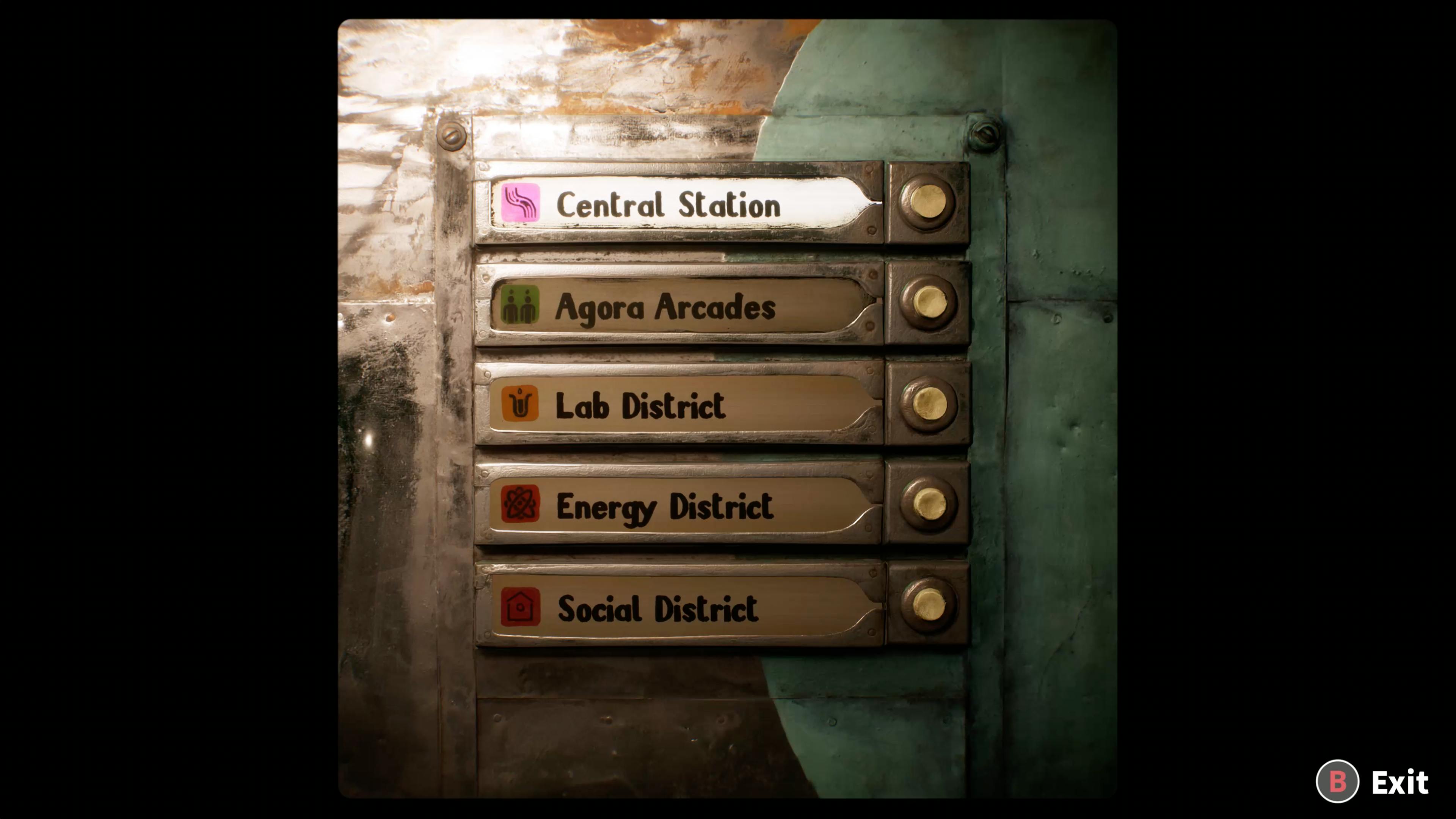 A set of destinations you can select. Each has their name and then a button next to it. Names are Central Station, Agora Arcades, Lab District, Energy District, Social District.