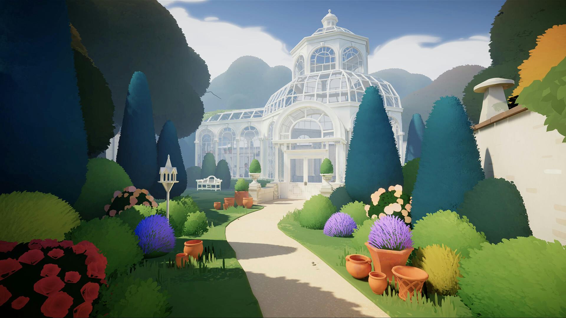 Botany Manor landscape. You can see a greenhouse ahead.