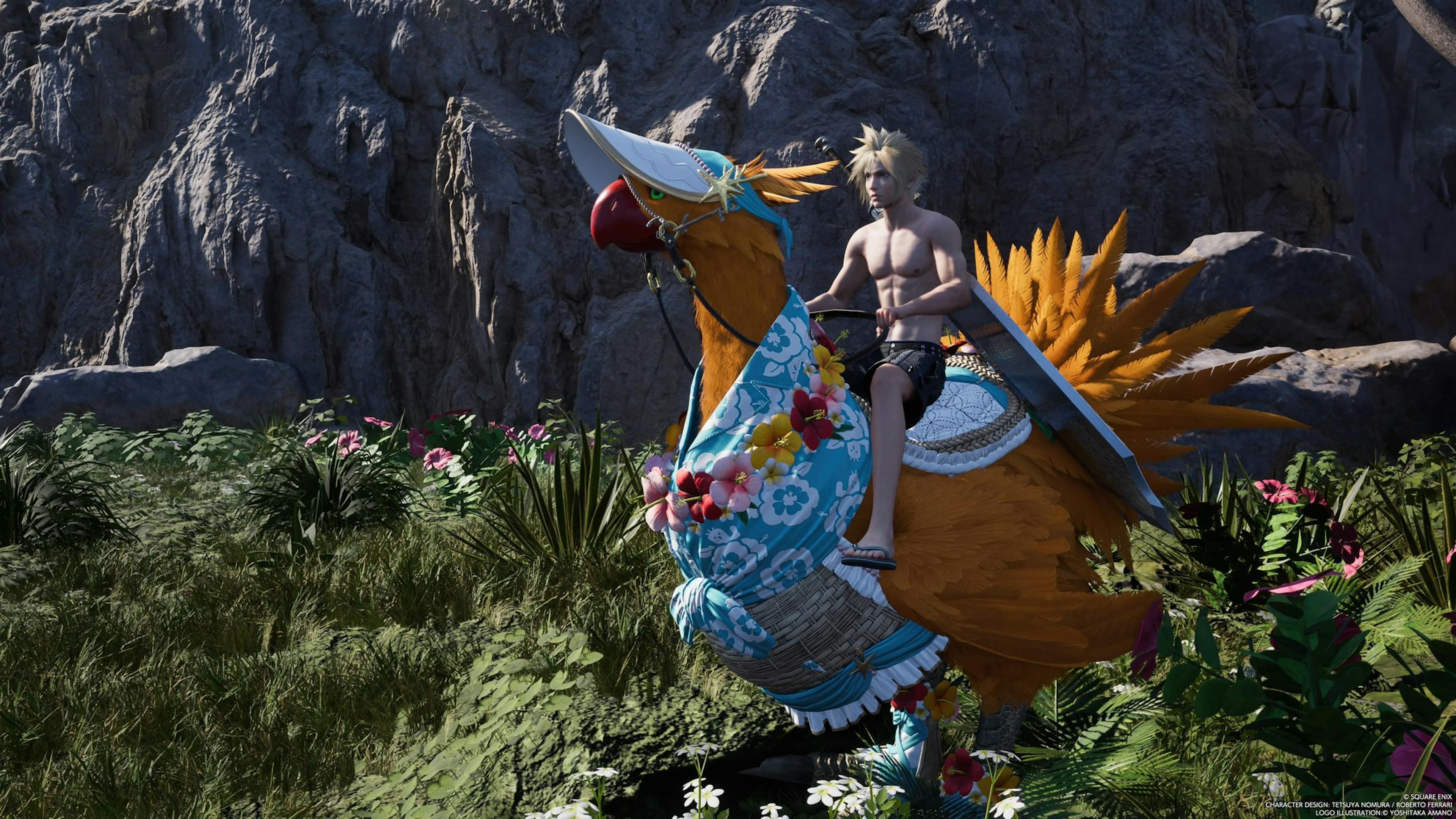 Cloud shirtless on a Chocobo that's wearing a cute beachy hat and scarf.