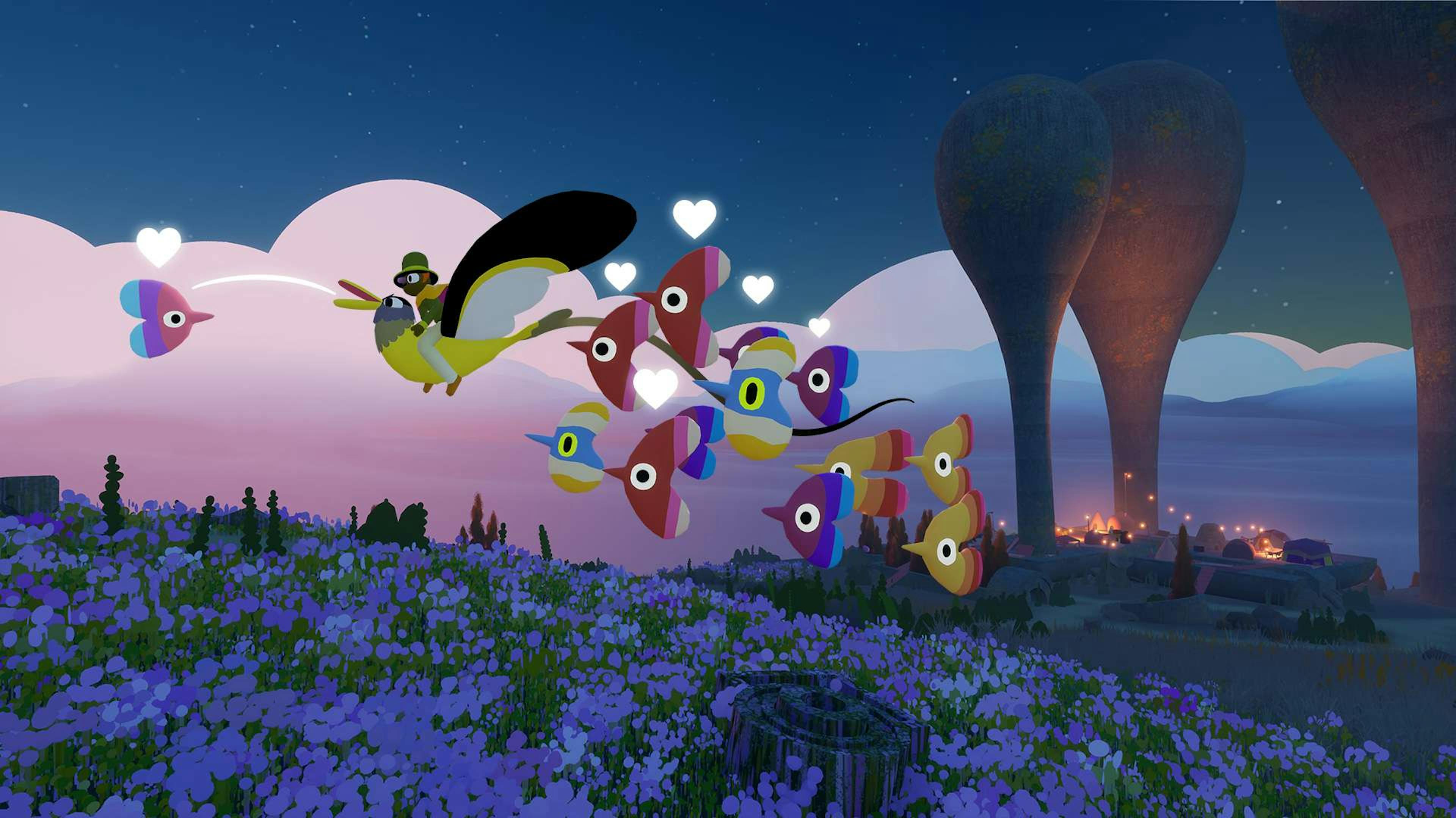 Flock screenshot. Character on a bird with fish with heart fins flying behind them.