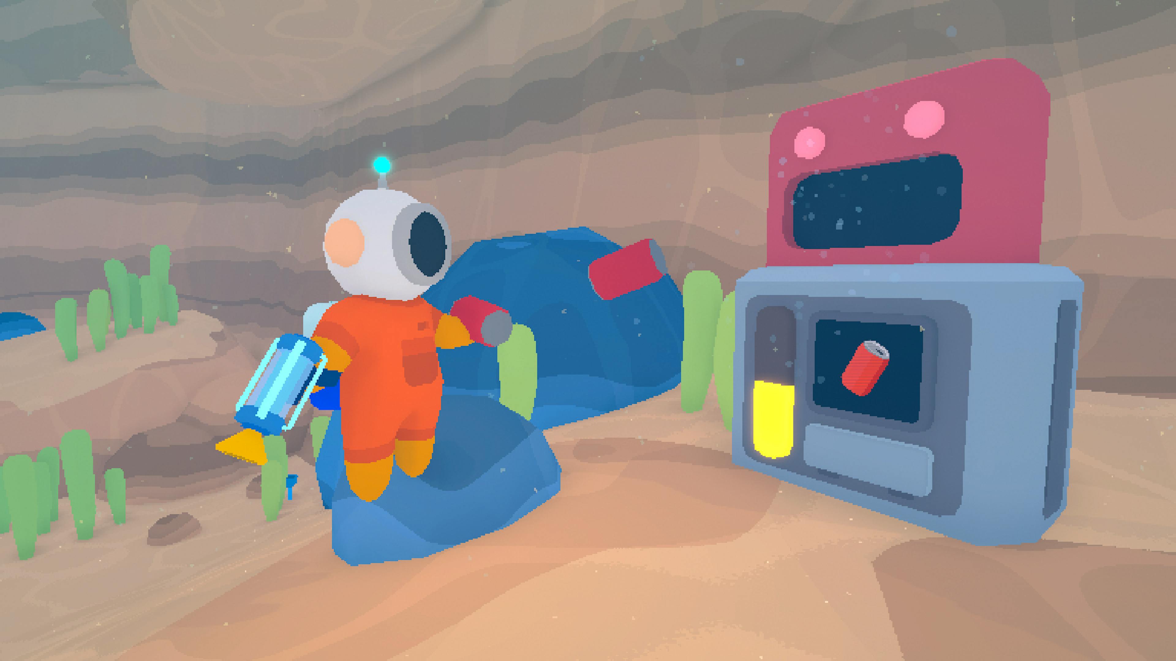 Main character (in a astronaut suit under water) depositing cans into a robotic recycle bin while holding a bubble gun.