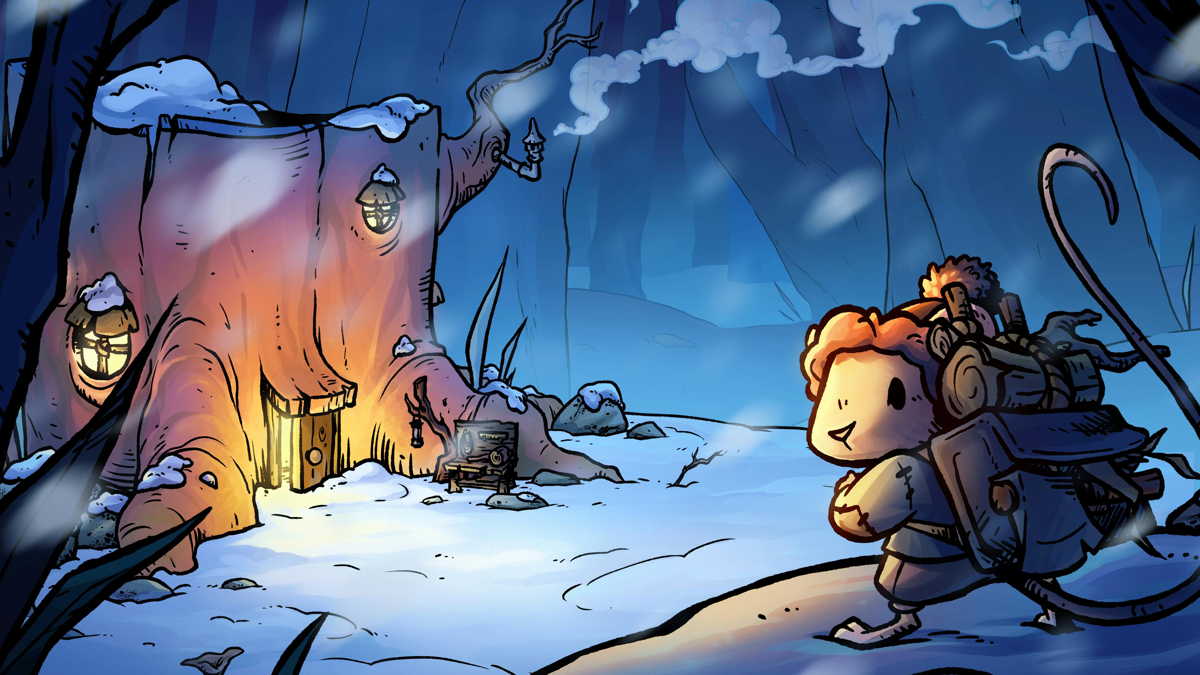 Winter Burrow key art where a mouse has a backpack and is looking over its shoulder back at the viewer. In the background is a little tree house.