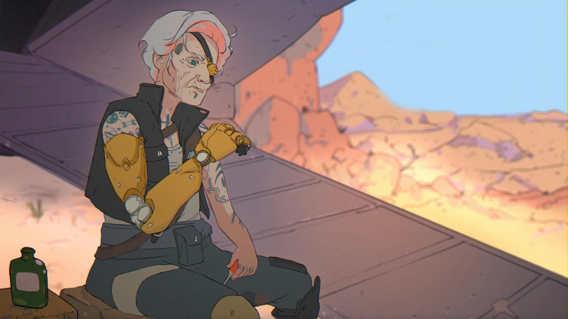 Space-punk character sitting in front of ship.