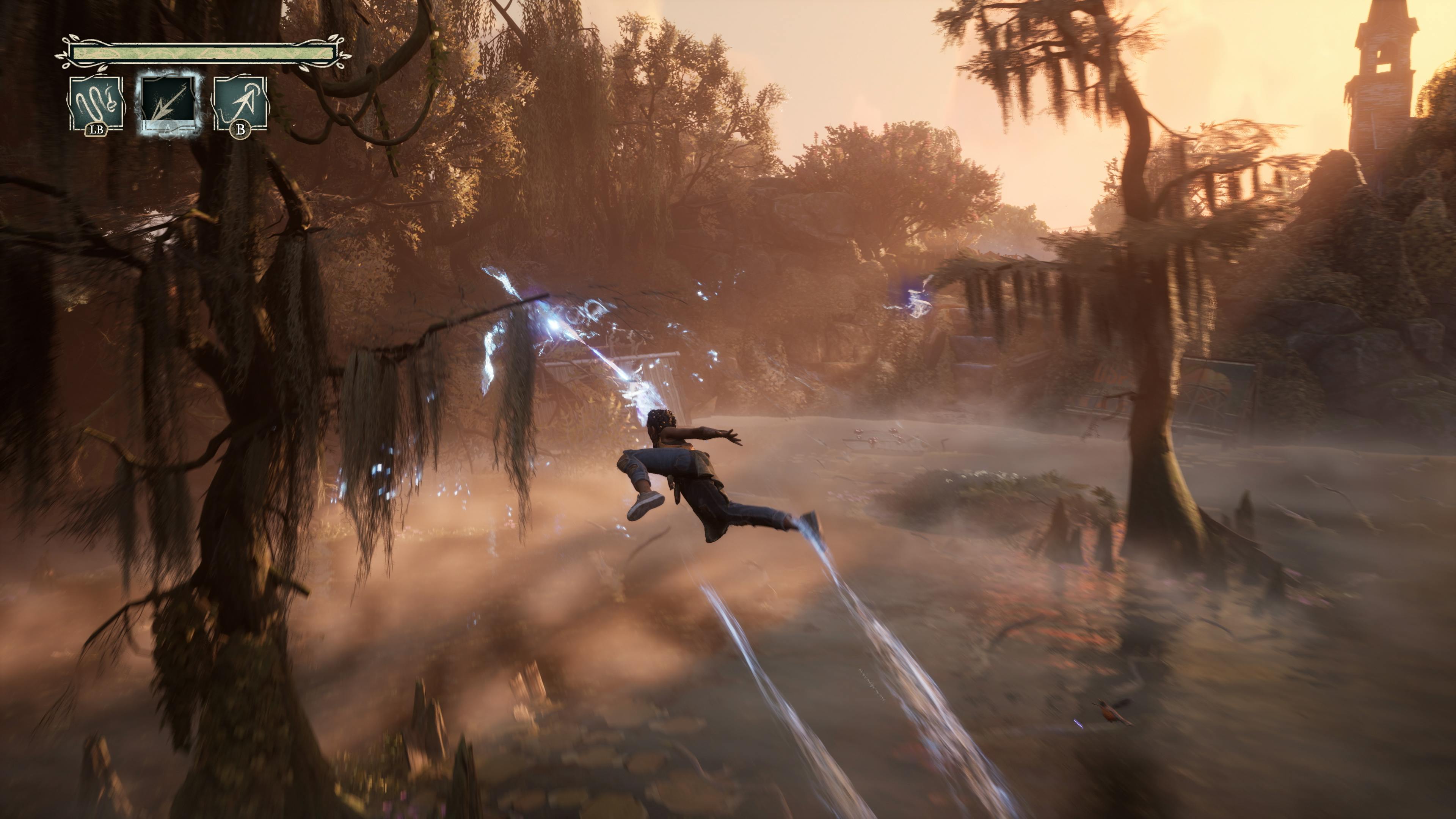 Hazel grappling and propelling herself through the air with Strands.
