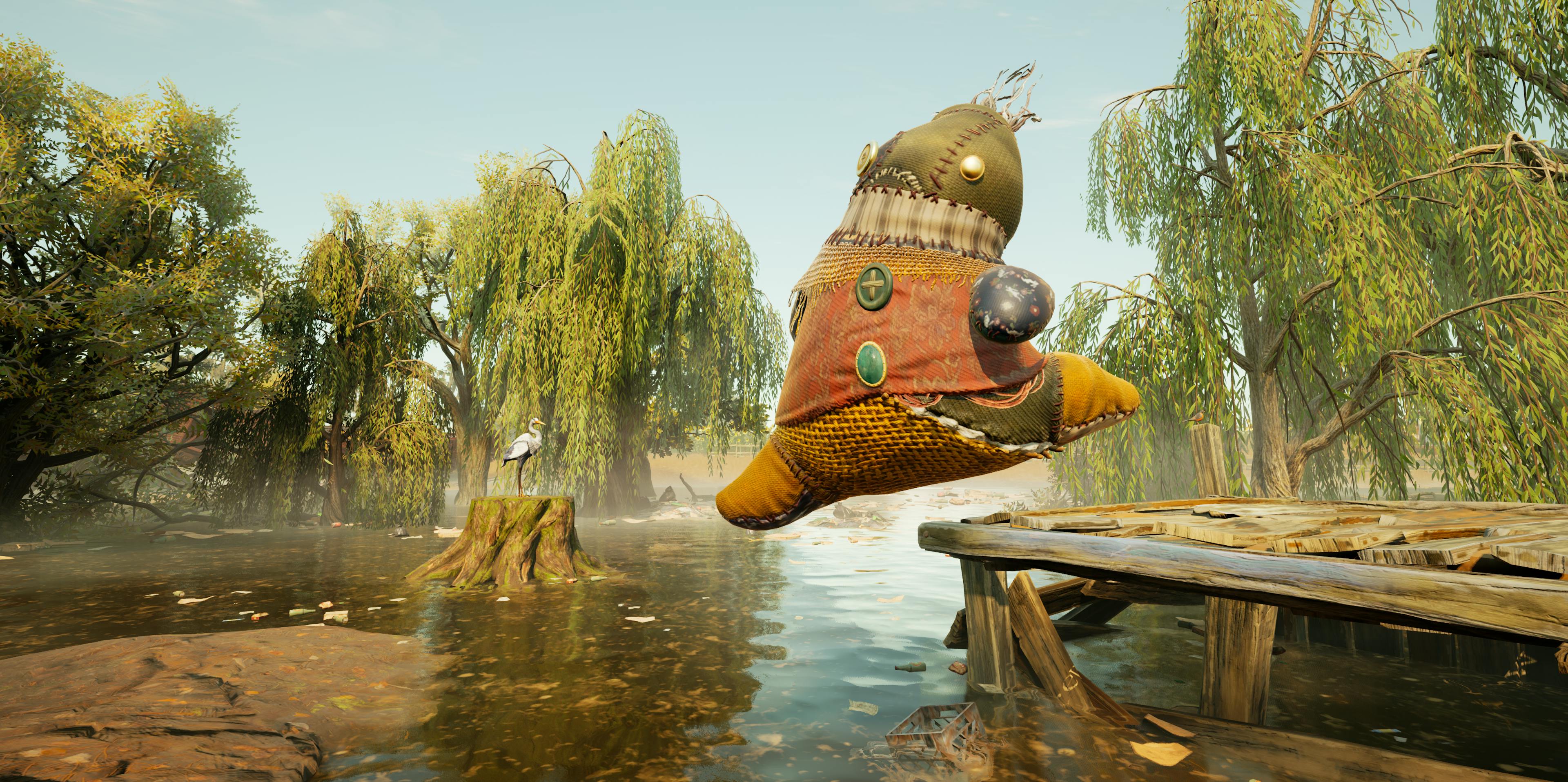 Crouton, a ragdoll plushie, jumping over a body of water.