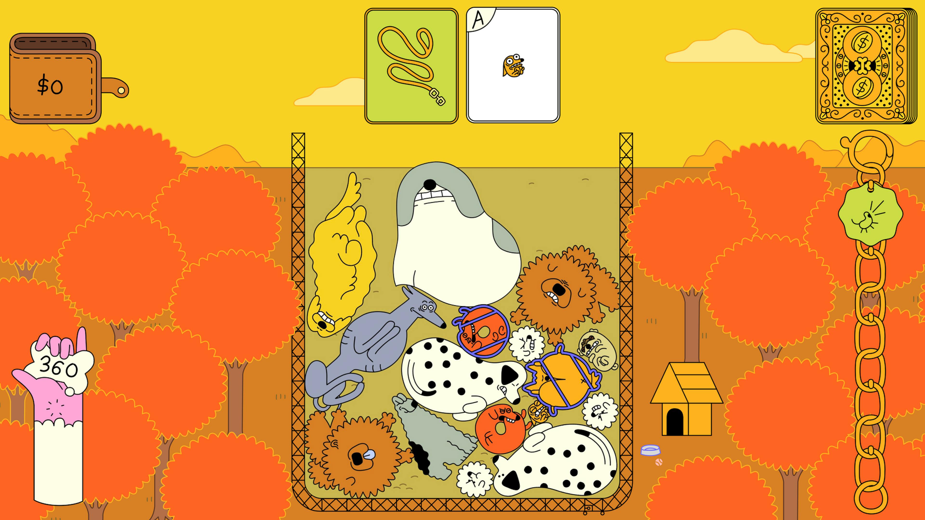 Dogpile screenshot. You can see a bone goal on the left that says 360. The upper left is a wallet with $0. The top of the screen shows two cards: a leash and a Chihuahua (ace card). Under that is the playfield: a rectangular pit with 15 dogs in it, all various breeds, shapes, and sizes. Two of them are wrapped ina. blue string (a type of debuff in the game). On the right side is your deck of cards and under that is a collar with a dog tag on it.