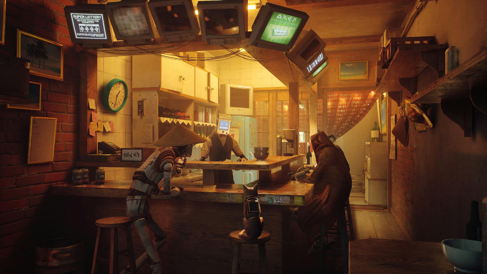 Bar scene: at the counter is a robot in a bamboo hat, to the right of them is  a cat seated on the bar stool, and to the right of the cat is another figure. Behind the bar is the robot bartender, who has a screen for a face. At the top of the bar are a series of monitors. There is a yellow warm glow to the bar. 