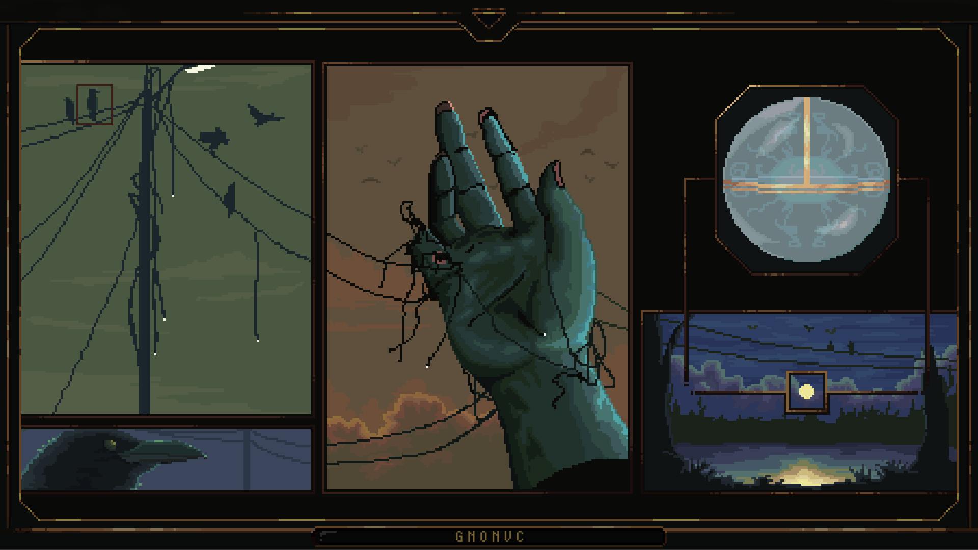 Several images next to each other, like a comic book. One is of a powerline with some crows. Beneath that is an image of a crow. Next to that is a hand covered in wire that connects to the powerline. To the right is the night sky.