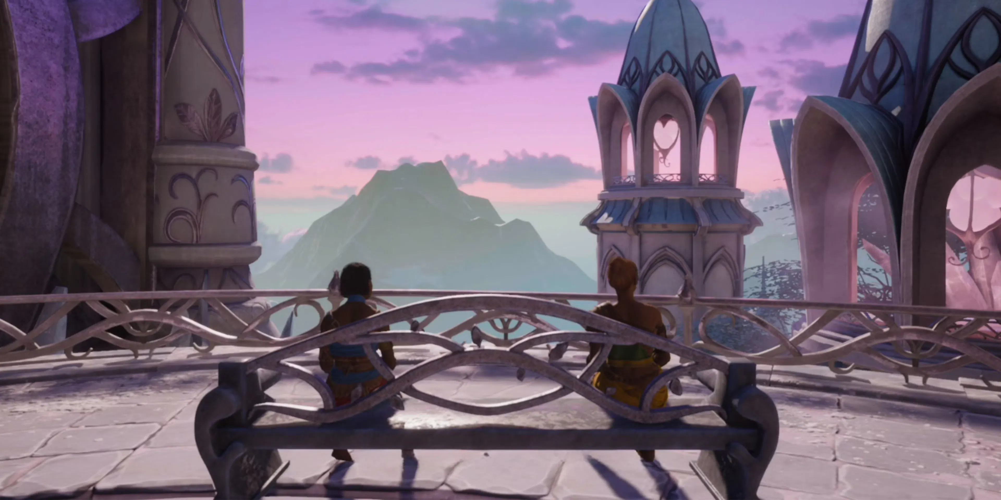 Split Fiction screenshot of the two main characters sitting on a bench