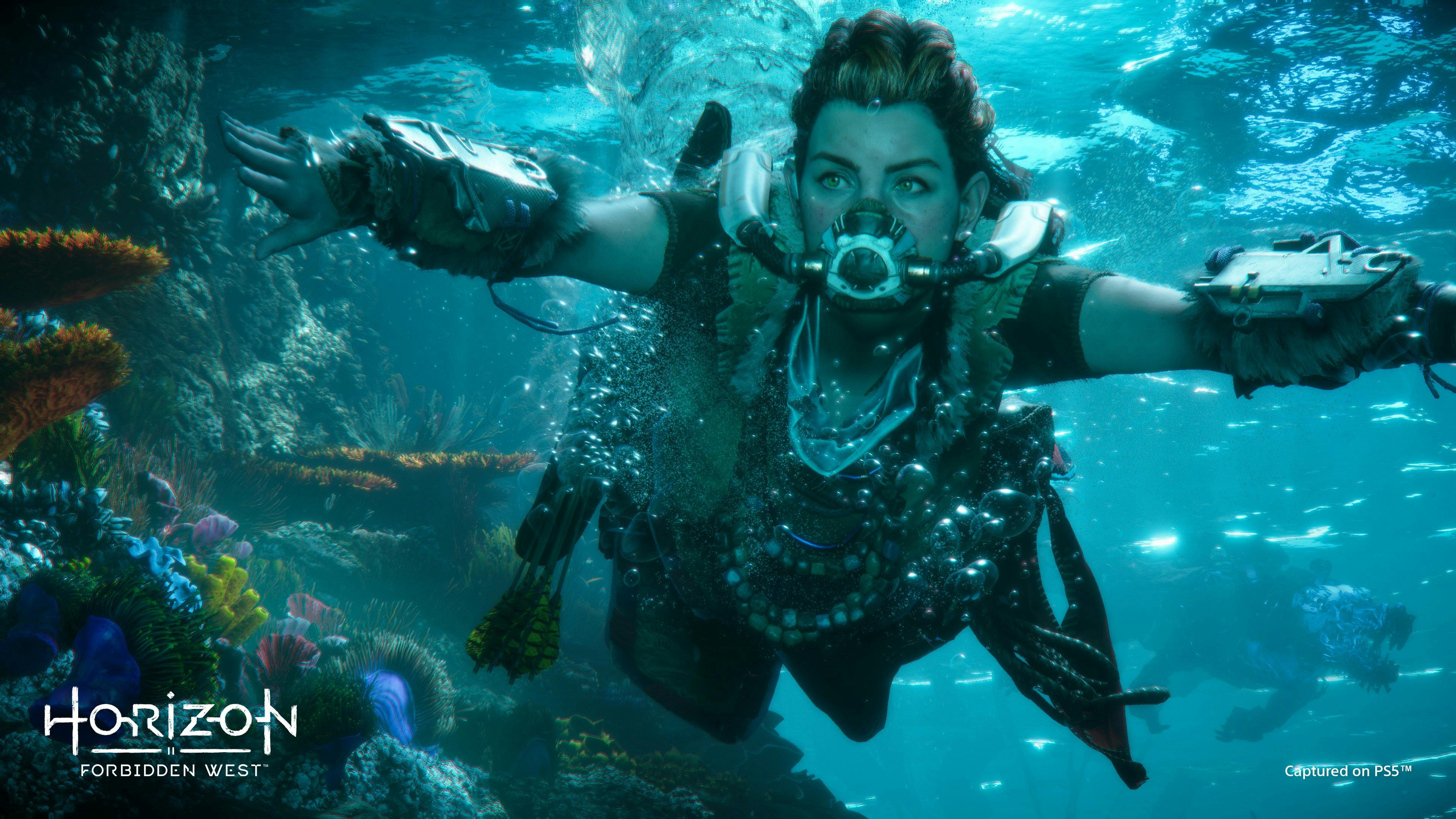 Closeup of Aloy swimming in the water.