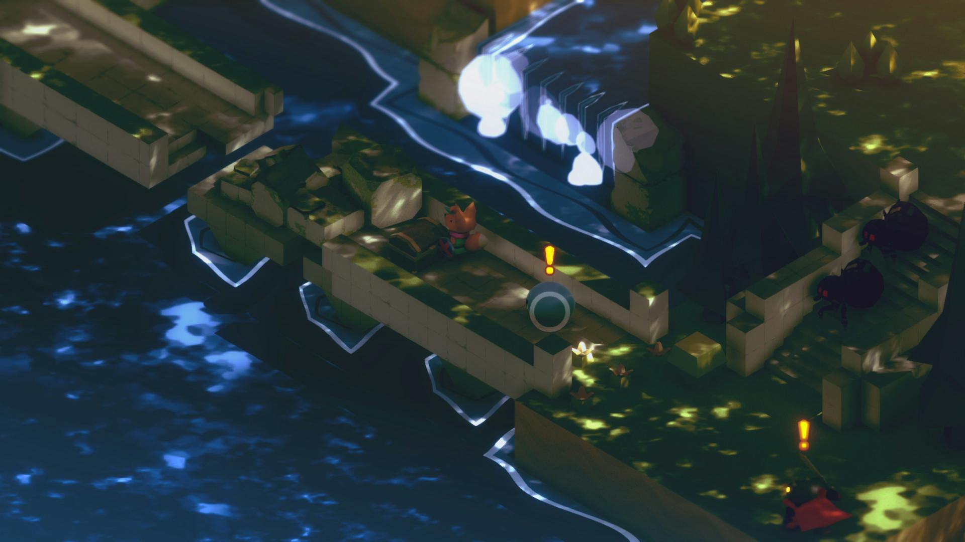 A screenshot from Tunic. It's a dark picture with the fox in front of a chest. Behind them is an enemy approaching to attack. An exclamation point is above the enemy's head. 