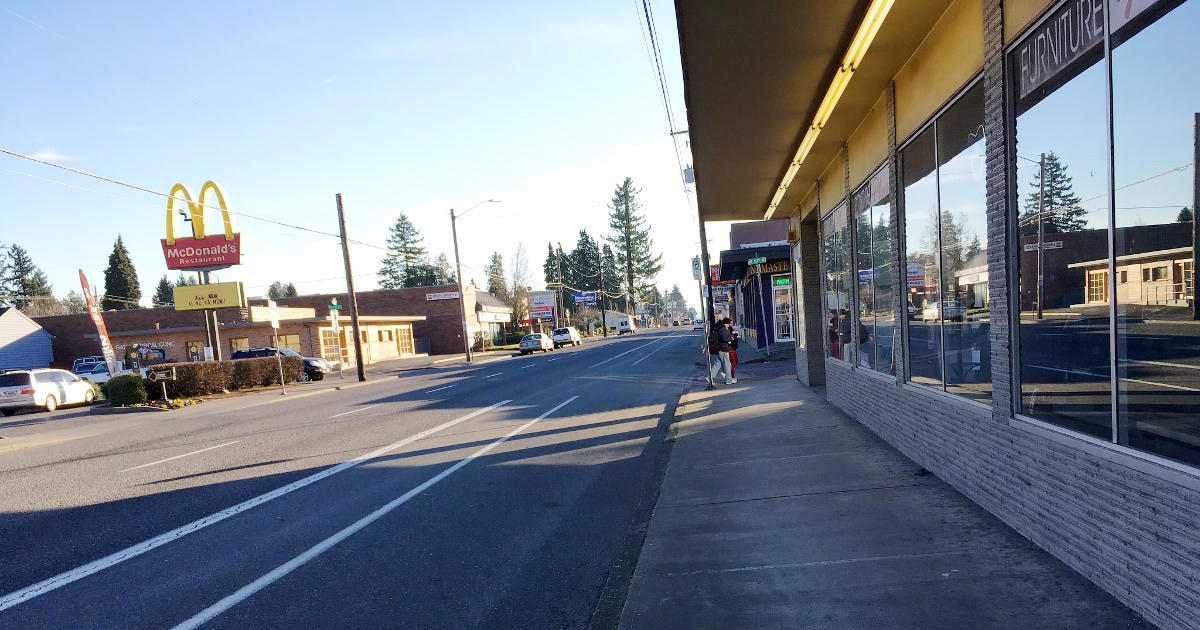 Outside Furniture Plus on Northeast Halsey Street. Portland hopes this sidewalk-facing retail district in a suburban area will be the seed of big changes.