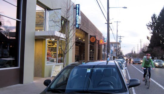 Riding through one of Portland's retail areas.