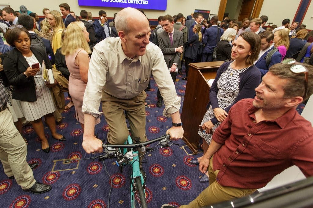 Representative Rick Larsen (D-WA) tests the Zwift platform during Congressional Bike Fest.
