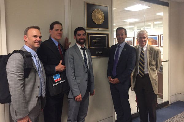 Ryan Miller (Shimano), Mike Delano (Giant), Saul Leiken (Specialized), Mike Olson (Trek Superstore), Bob Margevicius (Specialized) outside of Sen. Martin Heinrich (D-NM) office. 