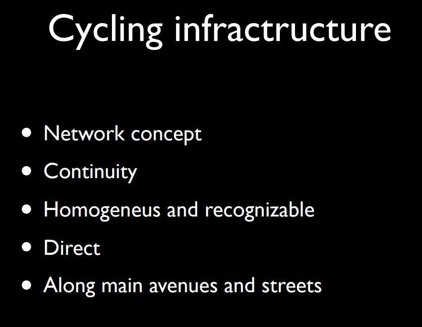Slide from a presentation by Manuel Calvo about Sevilla’s approach to low-stress bike infrastructure.