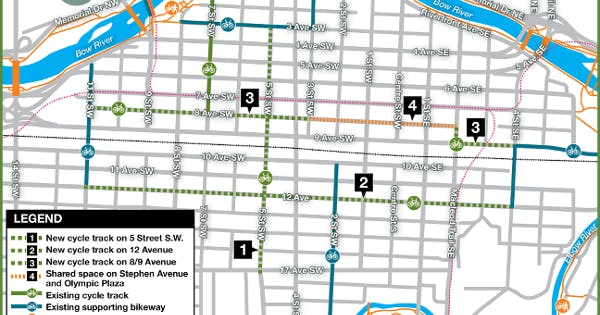 A city map of Calgary’s downtown protected bike lane network pilot project.