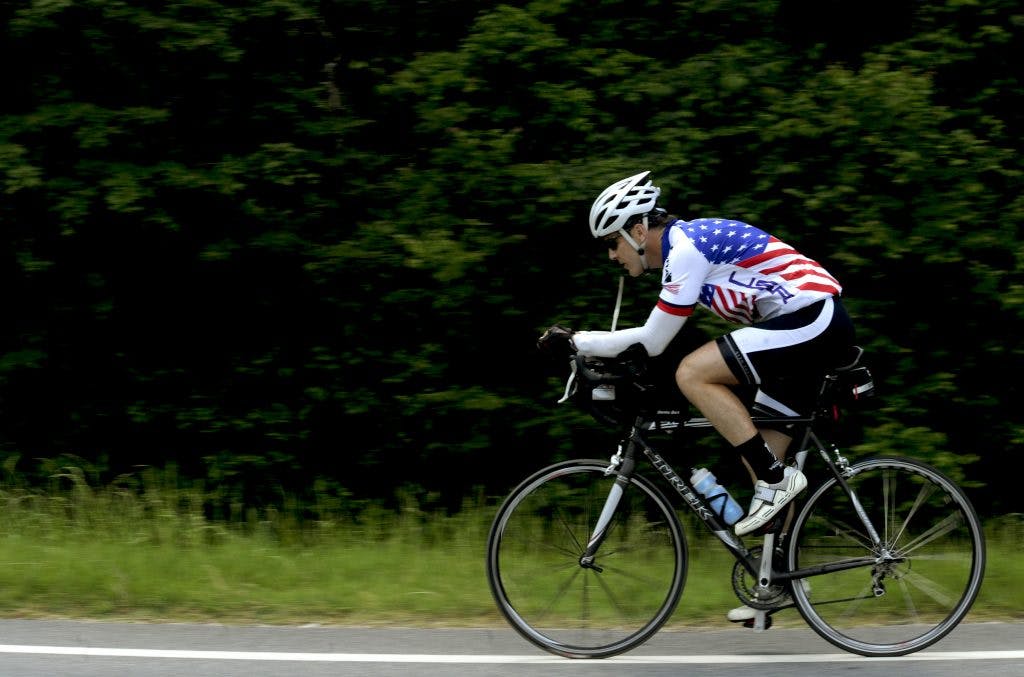 Jason Rogers, Air Force veteran, rides to raise money for the Wounded Warrior Project. (Source: U.S. Air Force photo/Airman 1st Class Jarrod Grammel.)