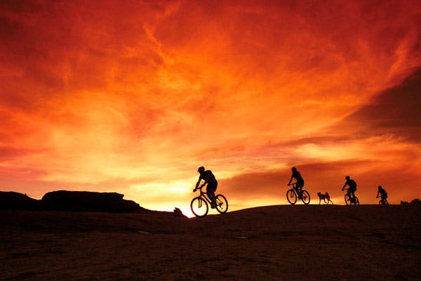 Mountain bikers against sunset