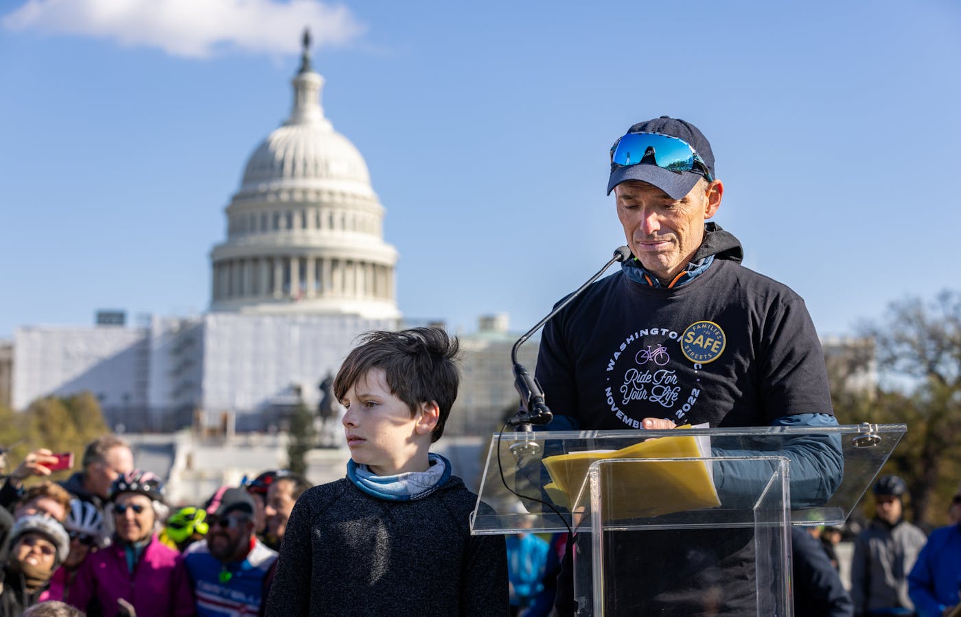 Daniel Langenkamp and son at the Ride for Your Life rally on November 19, 2022. (Photo credit: Brian Rimm)