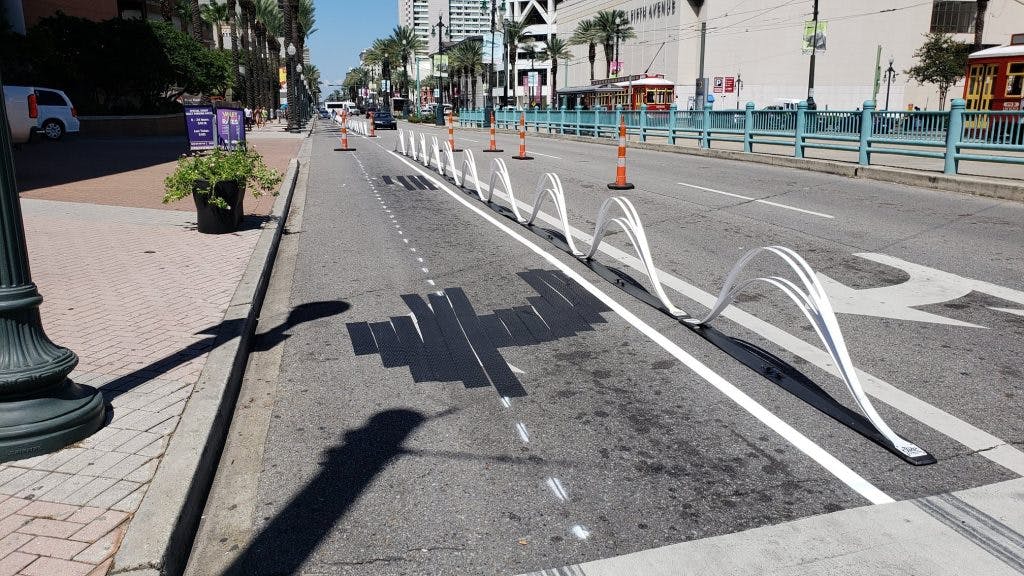 A pop-up bike lane, built as part of the Connect the Crescent project. 