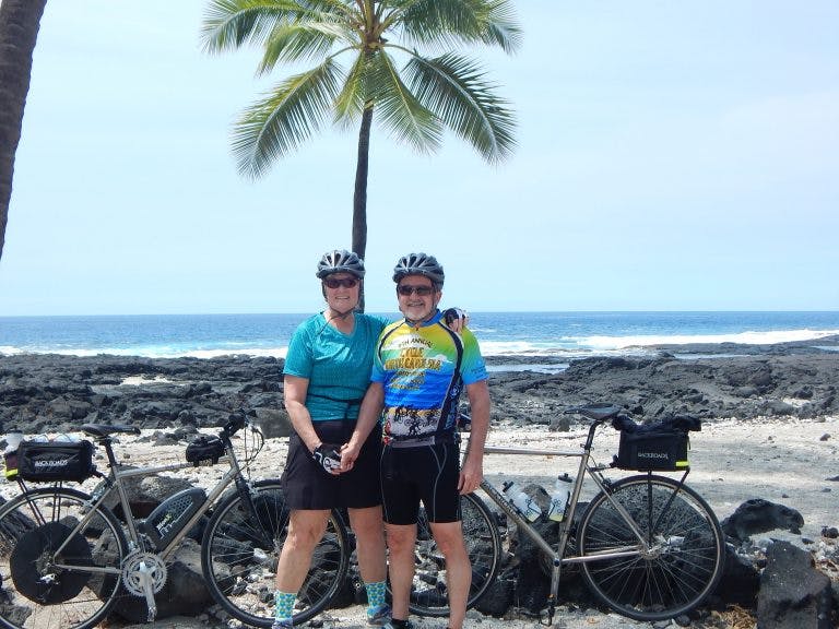 Martin and Libby Rose pose during an e-bike tour in Hawaii.