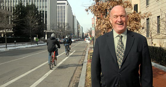 John Stokes, director of risk management for The Jefferson hotel, on M Street before bike improvements.