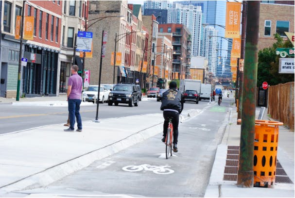 Chicago’s first floating bus stop outside the Loop on Milwaukee Avenue. 