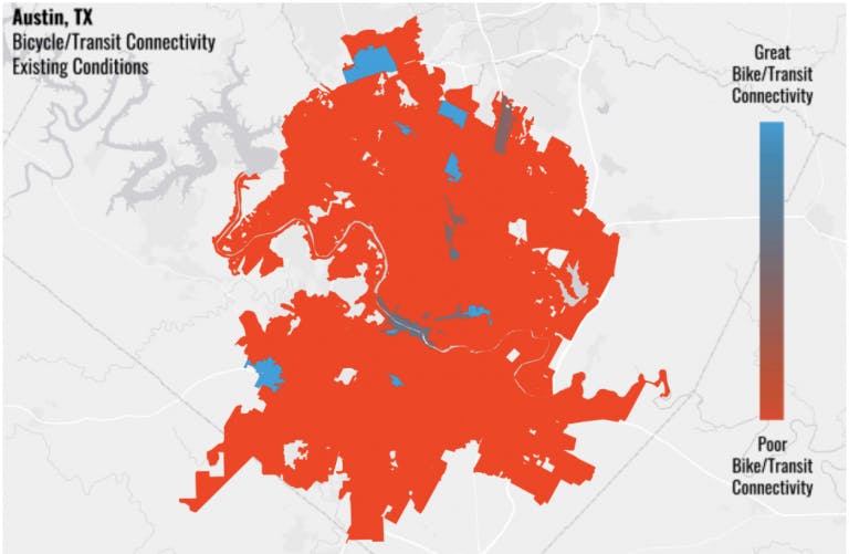 Blue areas indicate where Austin residents currently have safe, comfortable bicycle access to high-capacity transit in today’s existing conditions. Both the limited range of transit stations and the disconnected bicycle network contribute to a lack of access between these two modes of travel. (Source: Bicycle Network Analysis)