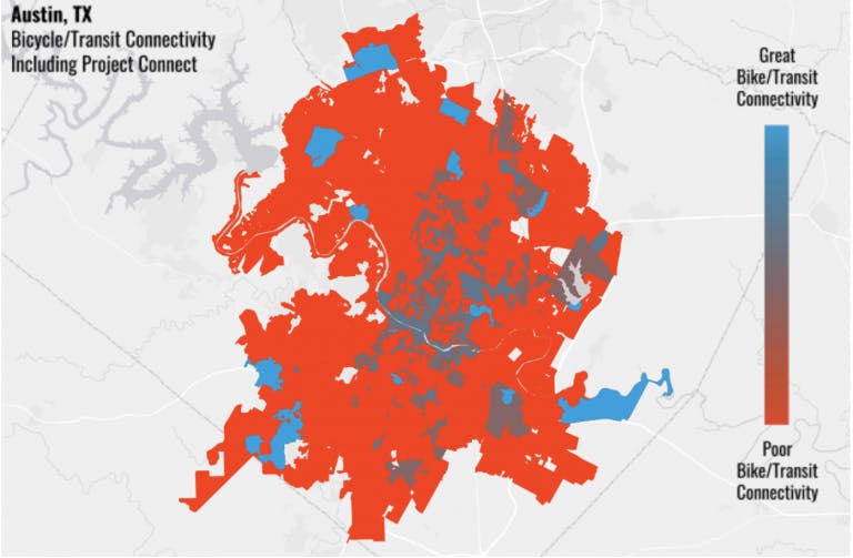 Fully constructed, the high-capacity transit network envisioned in Austin’s Project Connect will improve access to 5.5x more residents, a significant increase over today’s standard. (Source: Bicycle Network Analysis)