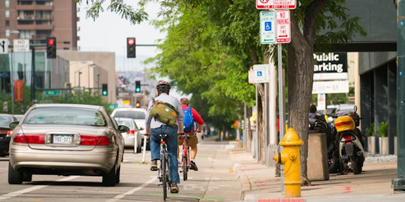 Bikers in an urban bike lane