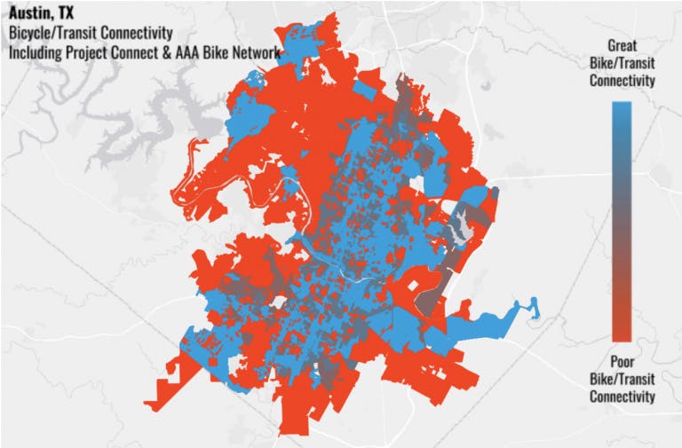 By fully constructing the All Ages and Abilities Bicycle Network alongside Project Connect’s high-capacity transit system, 16x more Austin residents will be able to safely access the transit network – as fiscal bargain for transit operators and a boon for any resident wanting to leave their car at home. (Source: Bicycle Network Analysis)