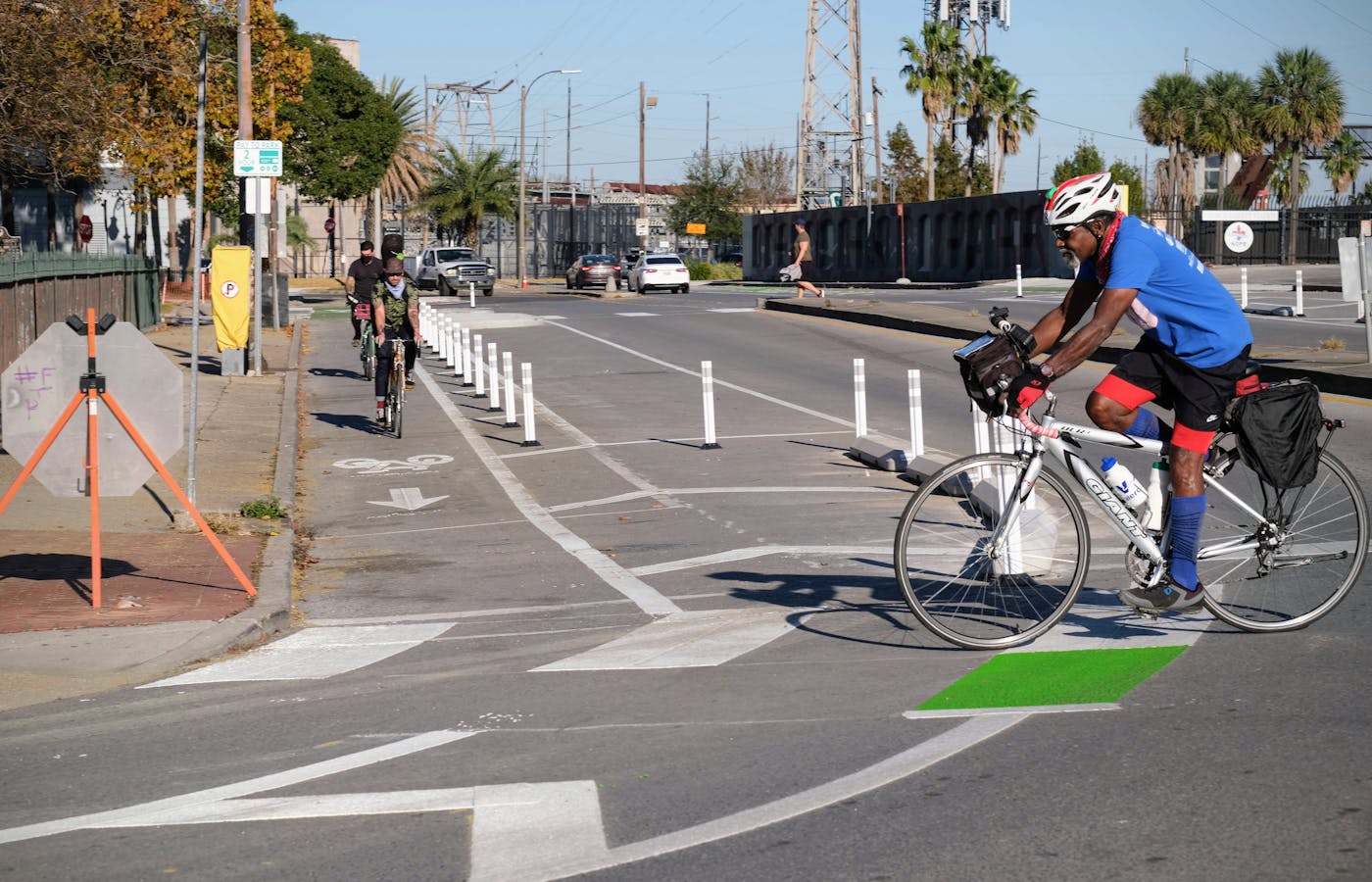 A protected bike lane in New Orleans, Louisiana.
