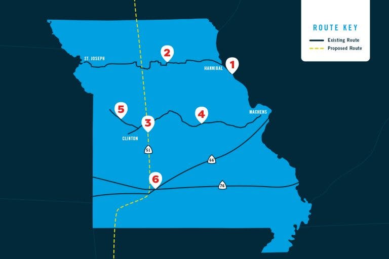 Map of existing and proposed bike routes in Missouri.